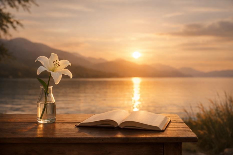 Eine weiße Lilie und ein offenes Buch auf einem Tisch vor einem ruhigen See bei Sonnenuntergang – Symbol für Würde und Selbstbestimmung am Lebensende (Natrium Pentobarbital kaufen)