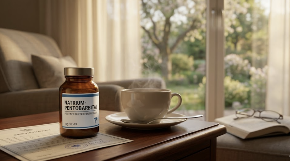 Ein Set mit pharmazeutischem Natrium-Pentobarbital Pulver (10g) in einer Braunglasflasche, Zertifikat und Teetasse für einen friedlichen Übergang am Lebensende. Natrium-Pentobarbital für einen friedlichen Übergang kaufen | Pharmazeutisches Natrium-Pentobarbital